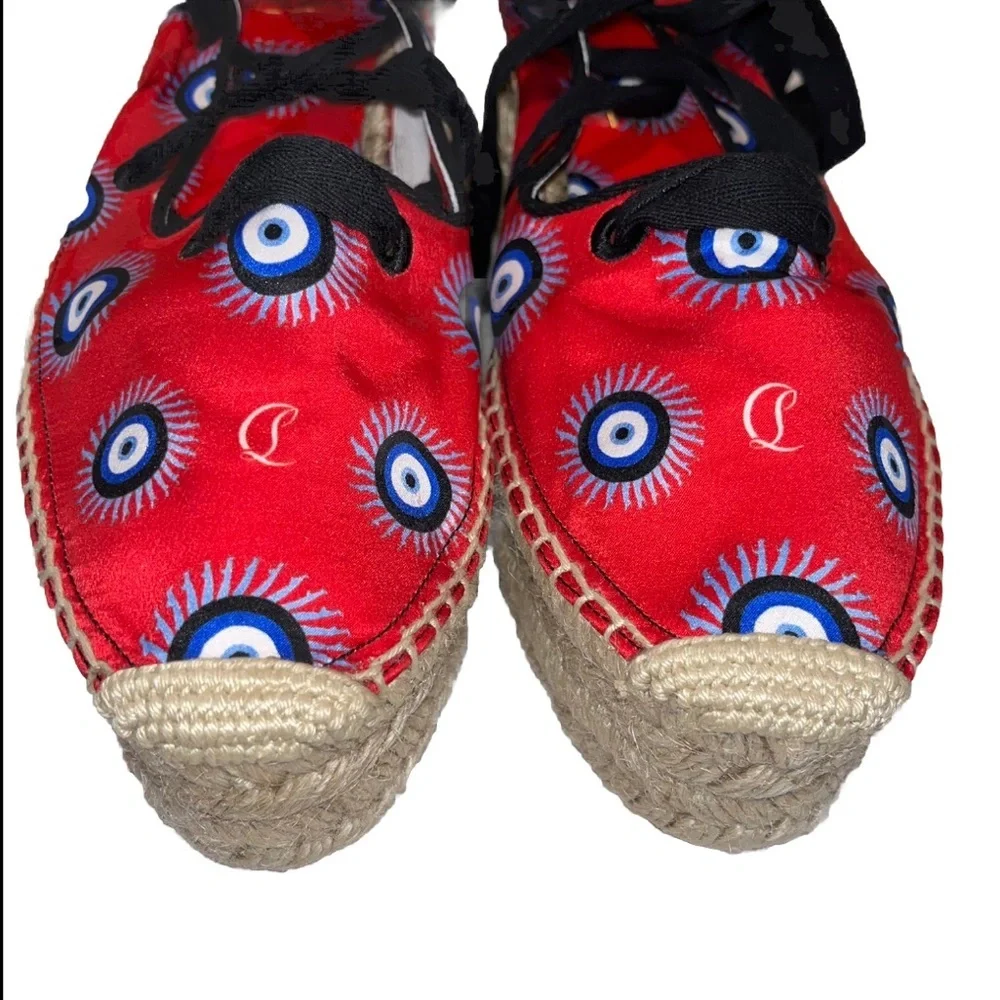 Christian Louboutin Red Espadrilles Evil Eye Platform Lace Up 9 39.5 Resort 🟡